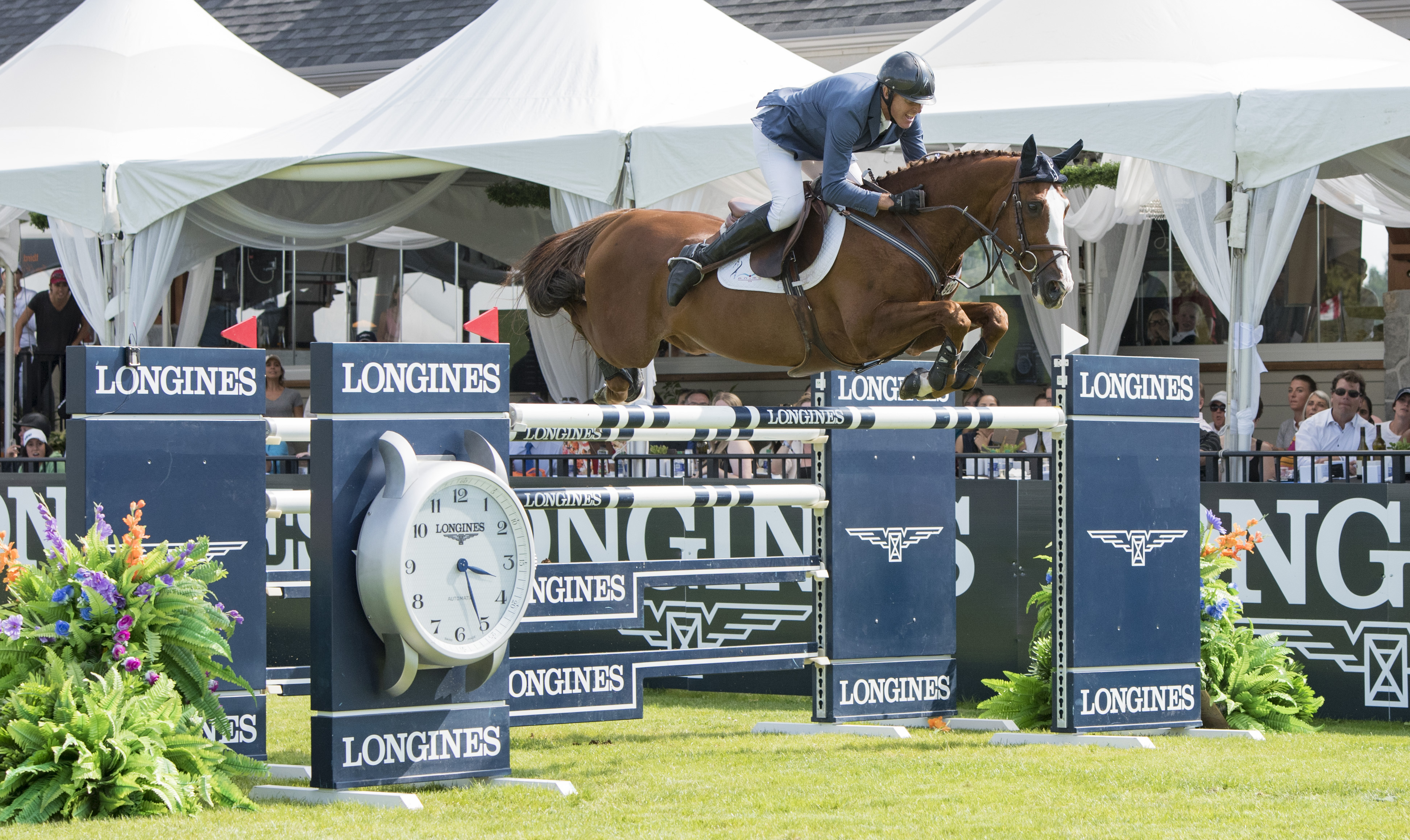 Richard Fellers (USA) and Flexible wins the Longines FEI World Cup™ Jumping North American League, at Thunderbird Show Park, in Langley B.C. Canada, August 16, 2015. Pic Rebecca Berry