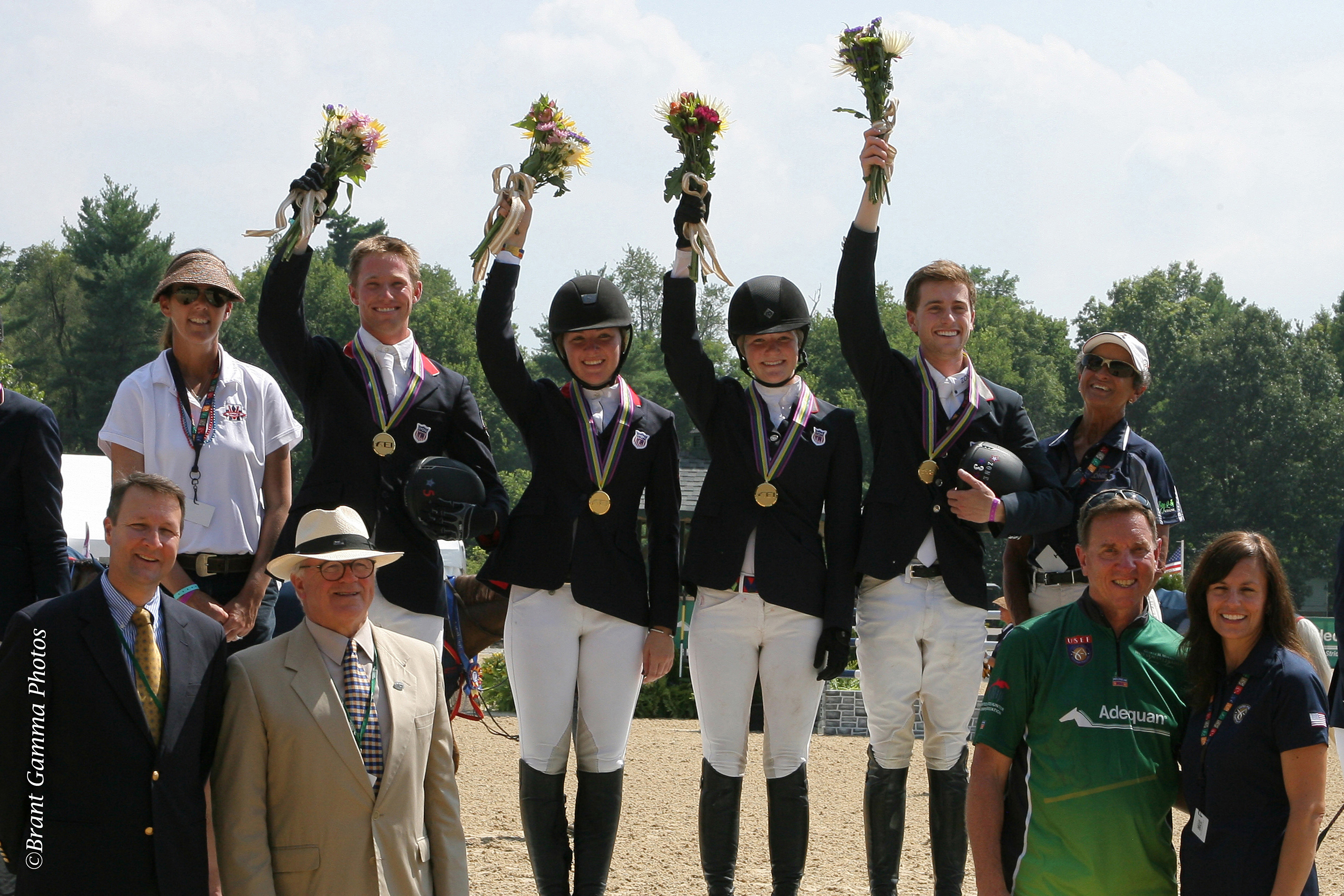 Young rider Team jumper Gold medalists.  Left to right. Back row Abby Blankenship,Chef d'equipe, Kalvin Dobbs, Meredith Darst,Noel Fauntleroy,and Jacob Pope. Front row Kevin Price,USHJA, Philip Rozon,President of the ground jury,Allyn Mann (director of Luitpold Animal Health – Adequan),and Lori Nelson, USEF.
